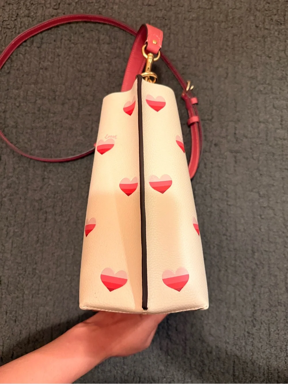 Coach Pink Heart Print Crossbody Bag with Red Trim
